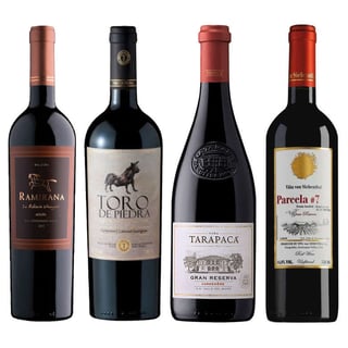CYBER WINE PACK Nº6: 1x Vino Ramirana La Roblería 750cc + 1x Vino Toro de Piedra Carmenere / Cabernet Sauvignon 750cc + 1x Vino Tarapacá Gran Reserva Carmenere 750cc + 1x Vino Von Siebenthal Parcela 7 Gran Reserva 750cc