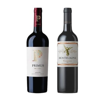 DUO PRIMUS - MONTES ALPHA: 1x Vino Montes Alpha Carmenere 750cc + Vino Primus The Blend Orgánico 750cc