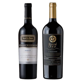 DUO TINTOS: 1x Vino Santa Ema Gran Reserva Merlot 750cc + 1x Vino Royal One Gran Reserva Carmenere 750cc