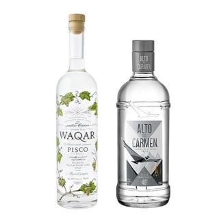 DUO WAQAR + ALTO: 1x Pisco Waqar 700cc + 1x Pisco Alto del Carmen Transparente 750cc 40º alc.