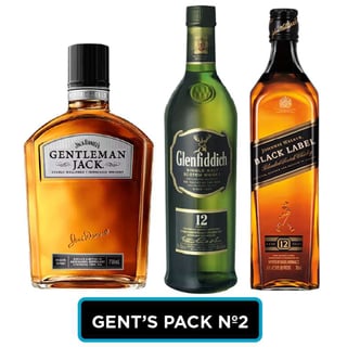 GENTS PACK Nº2: Whiskey Gentleman Jack Daniels 750cc 40º alc. + Whisky Glenfiddich 12 años 750cc 40º alc. + Whisky Johnnie Walker Black Label 750cc 40º alc.