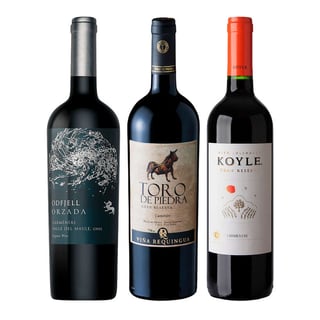 GRAN TRIO CARMENERE: 1x Vino Toro de Piedra Carmenere 750cc + 1x Vino Odfjell Orzada Carmenere 750cc + 1x Vino Koyle Gran Reserva Carmenere 750cc