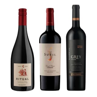 GRAN TRIO Nº2: Vino Ritual Pinot Noir Orgánico 750cc + Vino Sutil Gran Reserva Carmenere 750cc + Vino Ventisquero Grey Cabernet Sauvignon 750cc