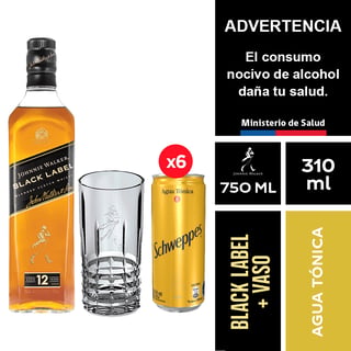 Johnnie Walker Black Label 750 Ml. + Schweppes Agua Tónica 6 X 310 Ml. + Vaso Johnnie Walker 390 Ml.