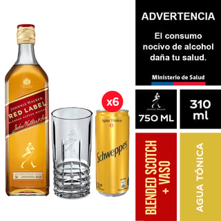 Johnnie Walker Red Label 750 Ml. + Schweppes Agua Tónica 6 X 310 Ml. + Vaso Johnnie Walker 390 Ml.