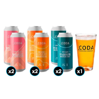 Kit Cerveza Coda: 2x Cerveza CODA Barrelhouse (Pre-Prohibition Lager) Lata 470cc + 2x Cerveza CODA Harmony (American Pale Ale) Lata 470cc + 2x Cerveza CODA Requiem (American Stout) Lata 470cc + 1x Vaso 
