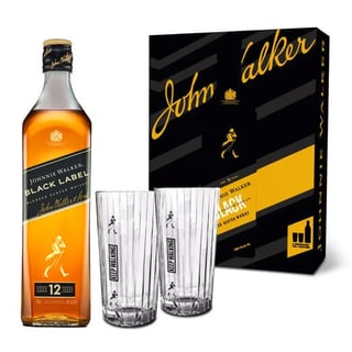 KIT JOHNNIE WALKER BLACK + VASOS: Whisky Johnnie Walker Black Label 750cc 40º alc. + 2x Vasos JW