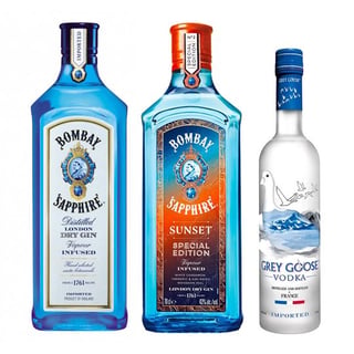 PACK 2 BOMBAY + GREY GOOSE: 1x Gin Bombay Saphire 40° 750 cc + 1x Gin Bombay Sunset 43° 700 cc + Vodka Grey Goose 40° 375 cc