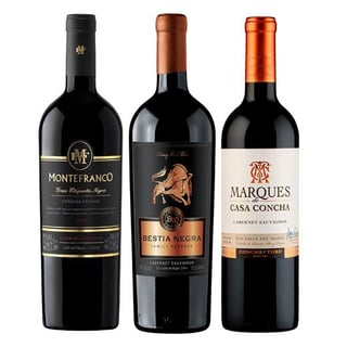 PACK 3 CABERNET SAUVIGNON: Vino MonteFranco Gran Etiqueta Negra Cabernet Sauvignon 750cc + Vino Bestia Negra Cabernet Sauvignon 750cc + Vino Marques de Casa Concha Cabernet Sauvignon 750cc