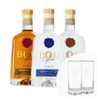 Pack 3 Piscos Bou Legado Reservados + 2 Vasos Día del Pisco