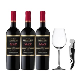 Pack 3 Vino Errazuriz Max Cepas 750cc + Copa + Descorchador