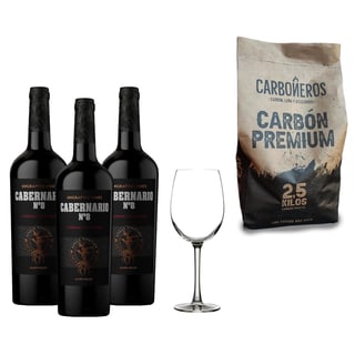 "Pack 3x Vino Cabernario Cabernet Sauvignon 750cc + Copa Cabernario + Carbón Premium Carboneros 2