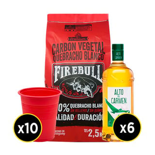 Pack 6x Pisco Alto Del Carmen 35° 1l + 10x Vasos Rojos 500cc + 1x Carbón Firebull 2kg
