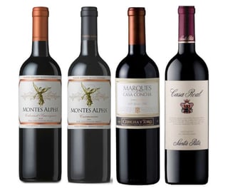 PACK ALPHA MARQUES CASA: Vino Montes Alpha Cabernet Sauvignon 750cc + Vino Montes Alpha Carmenere 750cc + Vino Marques de Casa Concha Carmenere 750cc + Vino Casa Real Cabernet Sauvignon 750cc