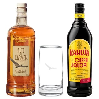 Pack Alto Vainilla Coffee + Vaso + Kahlua: Pisco Alto del Carmen Vainilla Coffee 35° 750cc + Licor Kahlua 750cc 16° alc + Vaso Vidrio Toledo Alto del Carmen