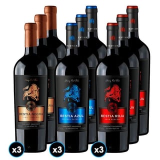 PACK BESTIAS: 3x Vino Bestia Azul Cabernet Sauvignon 750cc + 3x Vino Bestia Negra Cabernet Sauvignon 750cc + 3x Vino Bestia Roja Cabernet Sauvignon 750cc