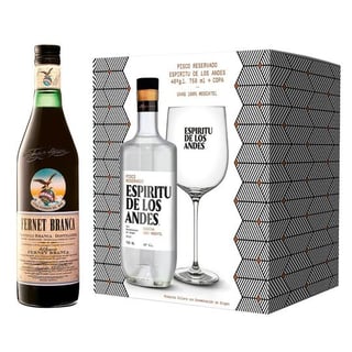 Pack Branca + Kit EDLA: Licor Fernet Branca 750cc + KIT EDLA + COPA: 1x Pisco Espíritu de Los Andes 750cc + 1x Copa