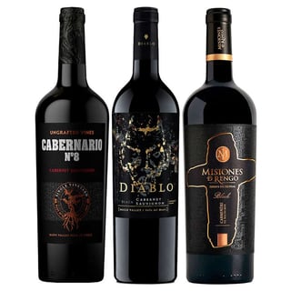 PACK CABERNARIO, DIABLO BLACK Y MISIONES DE RENGO: 1x Vino Cabernario Black Blend 750cc + 1x Vino Diablo Black Cabernet Sauvignon 750cc + 1x Vino Misiones de Rengo Gran Reserva Black Carmenere 750cc