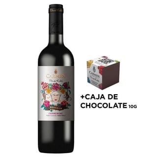 PACK CARMEN FRIDA KAHLO + MINI CAJA DE CHOCOLATE (10gr): 1x Vino Carmen Reserva Frida Kahlo Carmenere 750cc + 1x Mini Caja Chocolate Carmen Frida Kahlo (10gr)