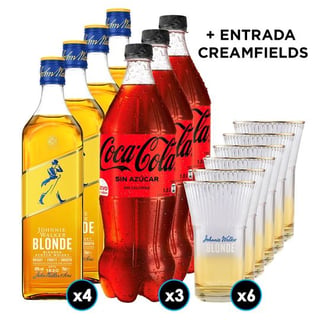 Pack Creamfields Johnnie Walker Blonde: 4X Whisky Johnnie Walker Blonde 750cc 40º alc. + 3X Bebida Coca Cola Sin Azúcar 1.5 L + 6X Vaso JW Blonde Vidrio