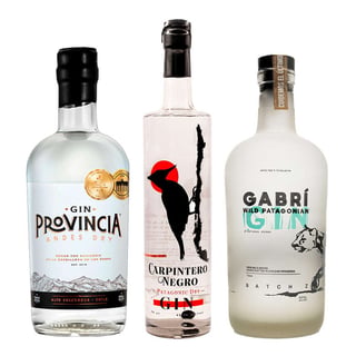 PACK GIN CHILENO N°2: 1x Gin Provincia Andes Dry 700cc + 1x Gin Gabrí Wild Patagonian 750cc 40° alc.+ 1x Gin Carpintero Negro 750cc 42,5° alc.