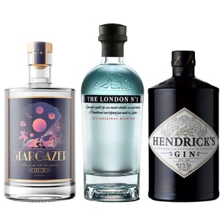 PACK GIN PREMIUM: 1x Stargazer Gin 700cc 42° alc. + 1x Gin Hendriks 700cc 41,4° alc. +1x The London Gin N°1 700cc 47° alc. 