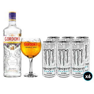 PACK GORDONS MONSTER N°7: 1x Gin Gordons London Dry 750cc 37,5º alc. + 6x Energética Ultra Monster Energy 473cc + 1x Copón Gin Gordons