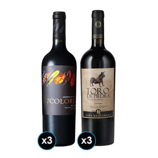 PACK GRAN DUPLA: 3x Vino Toro de Piedra Carmenere 750cc + 3x Vino 7 Colores Single Vineyard Red Blend 750cc