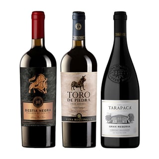 PACK GRAN RESERVA Nº10: Vino Bestia Negra Cabernet Sauvignon + Vino Toro de Piedra Cabernet Sauvignon + Vino Tarapacá Gran Reserva Cabernet Sauvignon