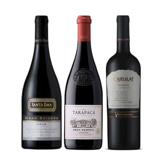 PACK GRAN RESERVAS SUMMER Nº1: Vino Santa Ema Gran Reserva Syrah 750cc + Vino Tarapacá Gran Reserva Carmenere 750cc + Vino Ventisquero Queulat Gran Reserva Carmenere 750cc