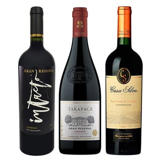 PACK INTACTO N°1: 1x Vino Miravalle Intacto Gran Reserva Carmenete 750cc + 1x Vino Tarapacá Gran Reserva Carmenere 750cc + 1x Vino Casa Silva Gran Terroir Carmenere 750cc