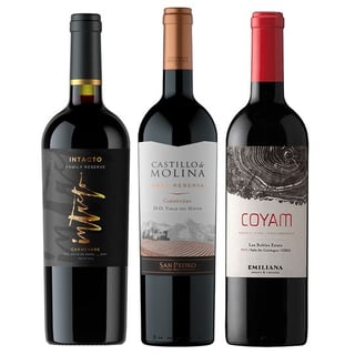 PACK INTACTO N°3: 1x Vino Miravalle Intacto Family Reserve Carmenere 750cc + 1x Vino Castillo de Molina Gran Reserva Carmenere 750cc + 1x Vino Orgánico COYAM 750cc