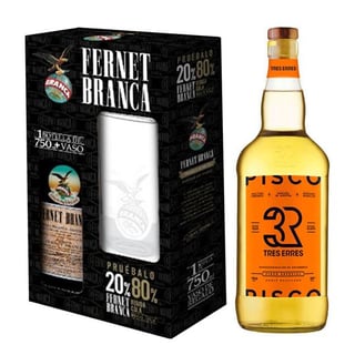 Pack Kit Branca con vaso + 3R 750cc: KIT FERNET: 1x Licor Fernet Branca 750cc + 1x Vaso y Pisco Tres Erres 750cc 35º alc.