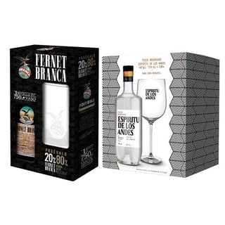 Pack Kit Branca con vaso + Kit EDLA con copa: KIT EDLA + COPA: 1x Pisco Espíritu de Los Andes 750cc + 1x Copa + Pack Fernet Branca: Licor Fernet Branca 750cc + Vaso vidrio Branca