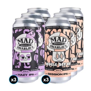 PACK MAD CHARLIE'S N°2: 3x Cerveza Mad Charlies Hazy IPA Lata 473cc + 3x Cerveza Mad Charlies Session IPA Lata 473cc