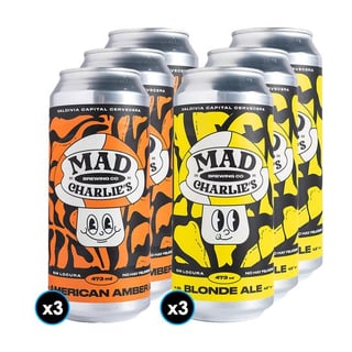 PACK MAD CHARLIE'S N°3: 3x Cerveza Mad Charlies American Amber Ale Lata 473cc + 3x Cerveza Mad Charlies Blonde Ale Lata 473cc