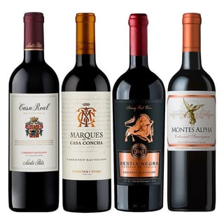 PACK MIX CABERNET N°1: 1x Vino Casa Real Cabernet Sauvignon 750cc + 1x Vino Marques de Casa Concha Cabernet Sauvignon 750cc + 1x Vino Bestia Negra Cabernet Sauvignon 750cc + 1x Vino Montes Alpha Cabernet Sauvignon 750cc