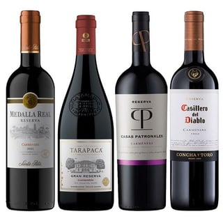 PACK MIX CARMENERE N°2: 1x Vino Medalla Real Reserva Carmenere 750cc + 1x Vino Tarapacá Gran Reserva Carmenere 750cc + 1x Vino Casas Patronales Reserva Carmenere 750cc + 1x Vino Casillero del Diablo Carmenere 750cc