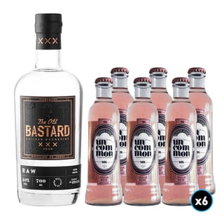 PACK OLD BASTARD N°1: 1x Whisky The Old Bastard Chilean Moonshine Raw 700cc + 6x Bebida Premium Uncommon Premium Rose Lemonade 200cc