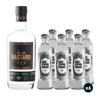 PACK OLD BASTARD N°3: 1x Whisky The Old Bastard Chilean Moonshine Green Chili 700cc + 6x Bebida Premium Uncommon Naturally Light Tonic Water 200cc