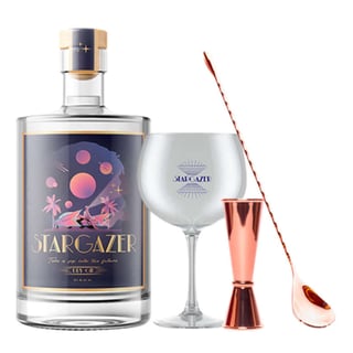 PACK STARGAZER® COCKTAIL MASTER Nº2: 1x Stargazer® Gin 700cc 42º alc. + Copa Gin Stargazer + Medidor Tragos Japonés Cobre 60/30cc + 1x Cuchara Bar Cobre Tor 30cm