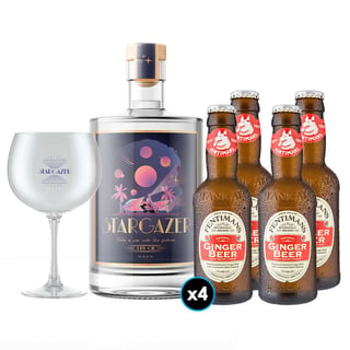 PACK STARGAZER® - FENTIMANS (Ginger Beer): 1x Stargazer® Gin 700cc 42º alc. + 4x Bebida Premium Fentimans Ginger Beer 200cc + 1x Copa Gin Stargazer