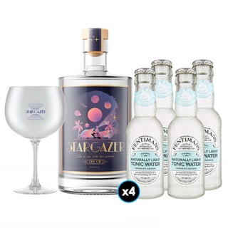 PACK STARGAZER® - FENTIMANS (Light Tonic): 1x Stargazer® Gin 700cc 42º alc. + 4x Fentimans Light Tonic Water 200cc + 1x Copa Gin Stargazer
