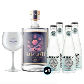 PACK STARGAZER® - MR. PERKINS (Light Tonic): 1x Stargazer® Gin 700cc 42º alc. + 4x Tónica Premium Mr Perkins Light 200cc + 1x Copa Gin Stargazer