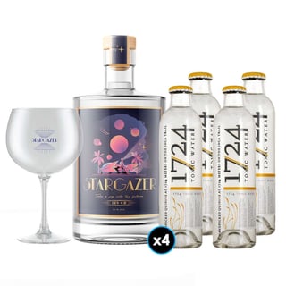 PACK STARGAZER® - TÓNICA 1724: 1x Stargazer® Gin 700cc 42º alc. + 4x Agua Tónica 1724 200cc + 1x Copa Gin Stargazer