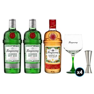 PACK TANQUERAY: 2x Gin Tanqueray 700cc 43.1ºalc +1x Gin Tanqueray Sevilla 700cc +4x Copón Vidrio Tanqueray +1x Jigger JW