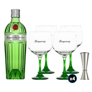PACK TANQUERAY N10: 1x Gin Tanqueray N°10 750cc +4x Copa Vidrio Tanqueray +1x Jigger
