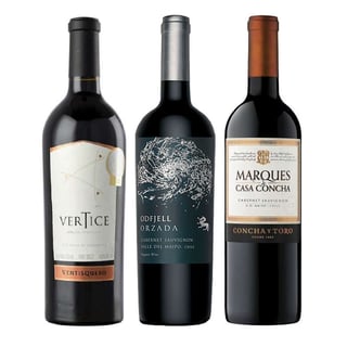 PACK VERTICE - ORZADA - MARQUES: Vino Ventisquero Vértice 750cc + Vino Odfjell Orzada Cabernet Sauvignon 750cc + Vino Marques de Casa Concha Cabernet Sauvignon 750cc