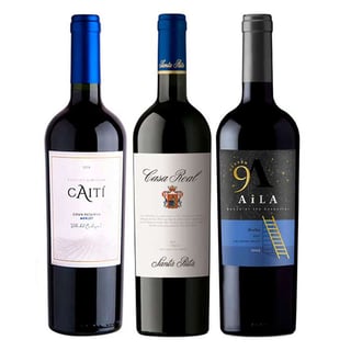 PACK VINOS MERLOT: 1x Vino Caiti Gran Reserva Merlot 750cc + 1x Vino Casa Real Merlot 750cc + 1x Vino Aila Heaven Gran Reserva Merlot 750cc