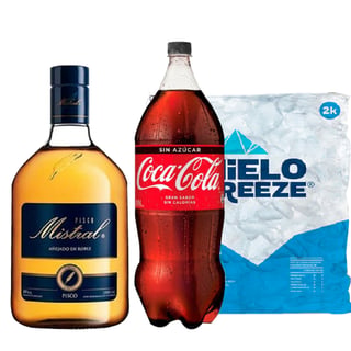 Pisco Mistral 35° 1lt + Coca Cola Zero 3lt + Hielo 2kg
